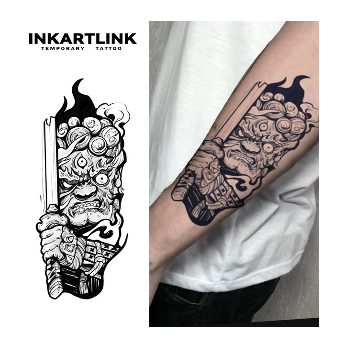 INKARTLINK Prajna Evil Ghost Tattoo Aufkleber im japanischen Samurai-Stil, Schwarz, wasserfest und lichtecht - Bild 1