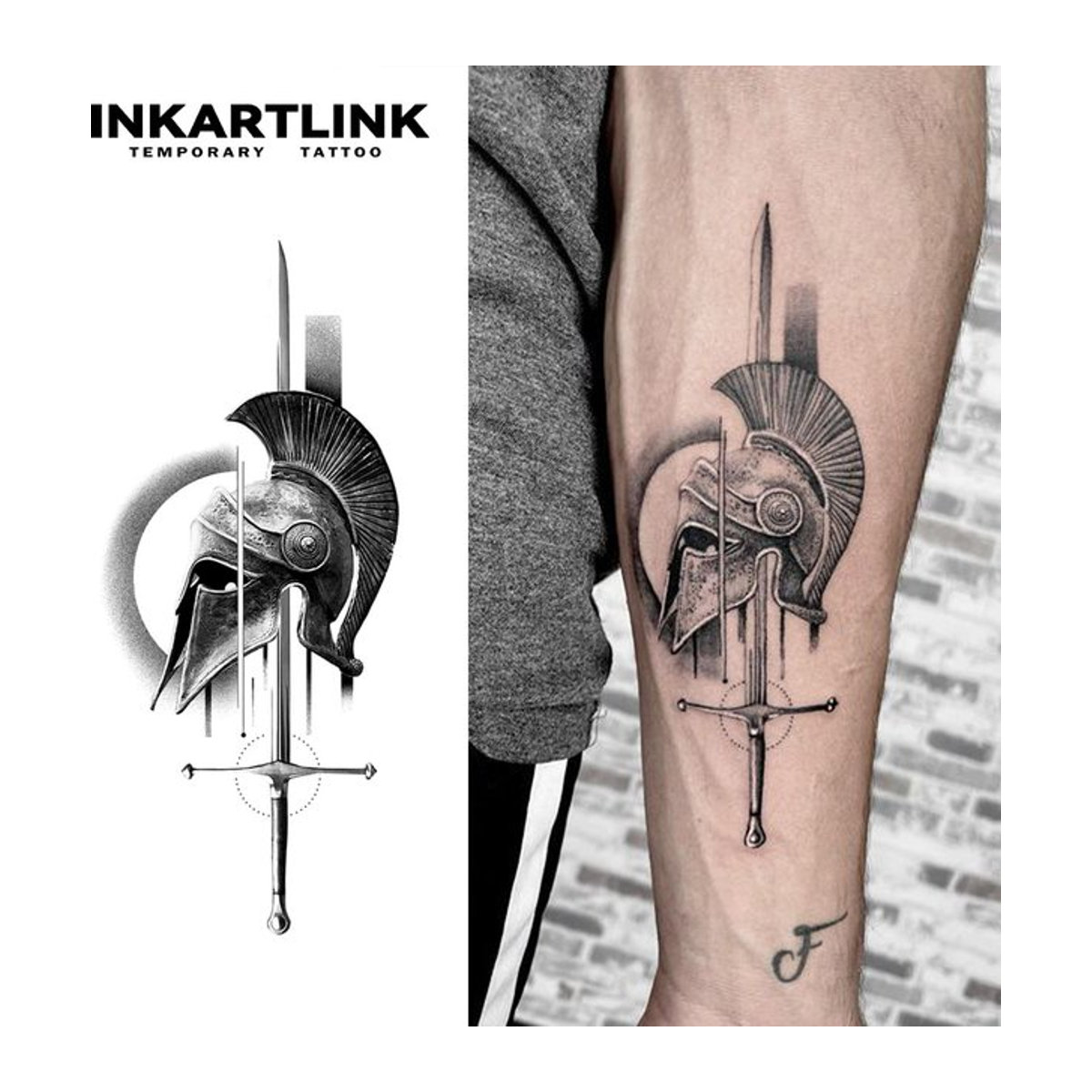 INKARTLINK Semi-permanentes Tattoo Korintischer Helm und Schwert in Schwarz für Party und Unisex-Looks - Bild 1