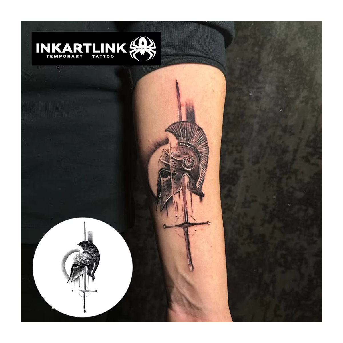INKARTLINK Semi-permanentes Tattoo Korintischer Helm und Schwert in Schwarz für Party und Unisex-Looks - Bild 2