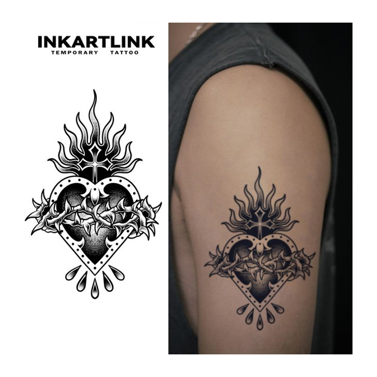 INKARTLINK Temporärer Tattoo Aufkleber Thorn Love Flame Cross Totem in Schwarz für Unisex - Bild 1
