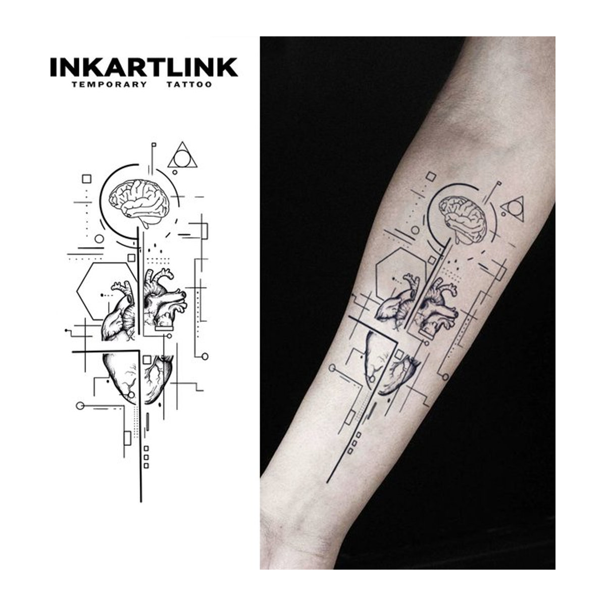INKARTLINK Temporäres Tattoo Die Welt des Herzens und des Gehirns, Schwarz, Geometric Minimalistisch, Wasserfest und Semi-permanent - Bild 1