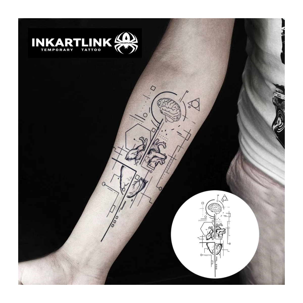 INKARTLINK Temporäres Tattoo Die Welt des Herzens und des Gehirns, Schwarz, Geometric Minimalistisch, Wasserfest und Semi-permanent - Bild 2