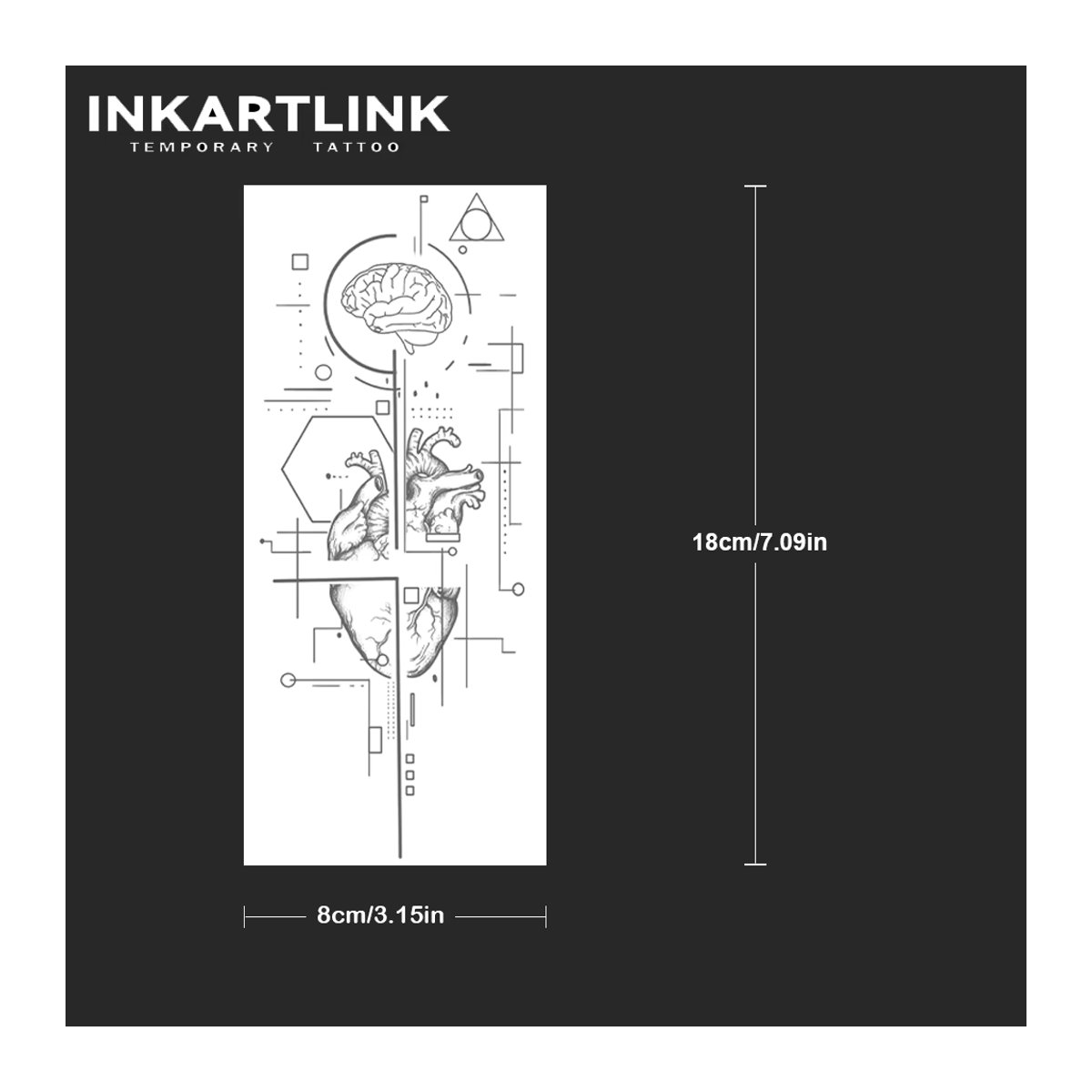 INKARTLINK Temporäres Tattoo Die Welt des Herzens und des Gehirns, Schwarz, Geometric Minimalistisch, Wasserfest und Semi-permanent - Bild 4