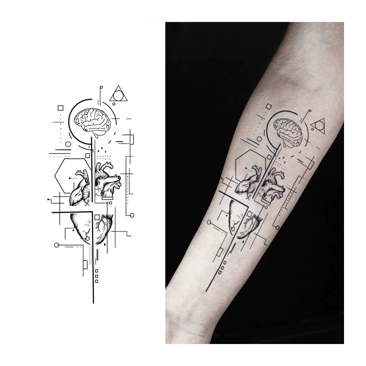 INKARTLINK Temporäres Tattoo Die Welt des Herzens und des Gehirns, Schwarz, Geometric Minimalistisch, Wasserfest und Semi-permanent - Bild 5