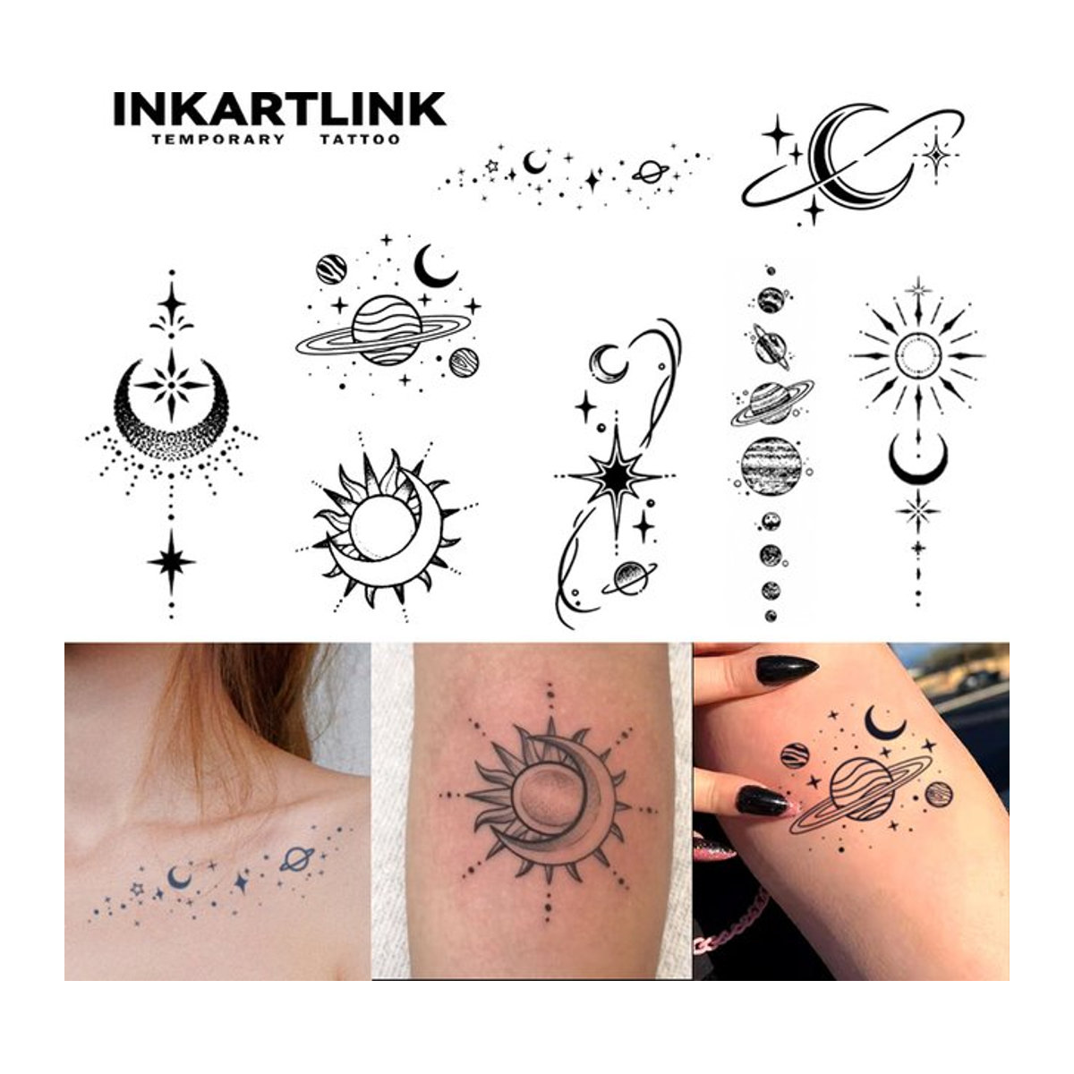 INKARTLINK Temporäres Tattoo Mond und Planeten in Schwarz, geometrisches und minimalistisches Design für Unisex, wasserfester semi-permanenter Aufkleber mit bis zu 15 Tagen Haltbarkeit - Bild 1