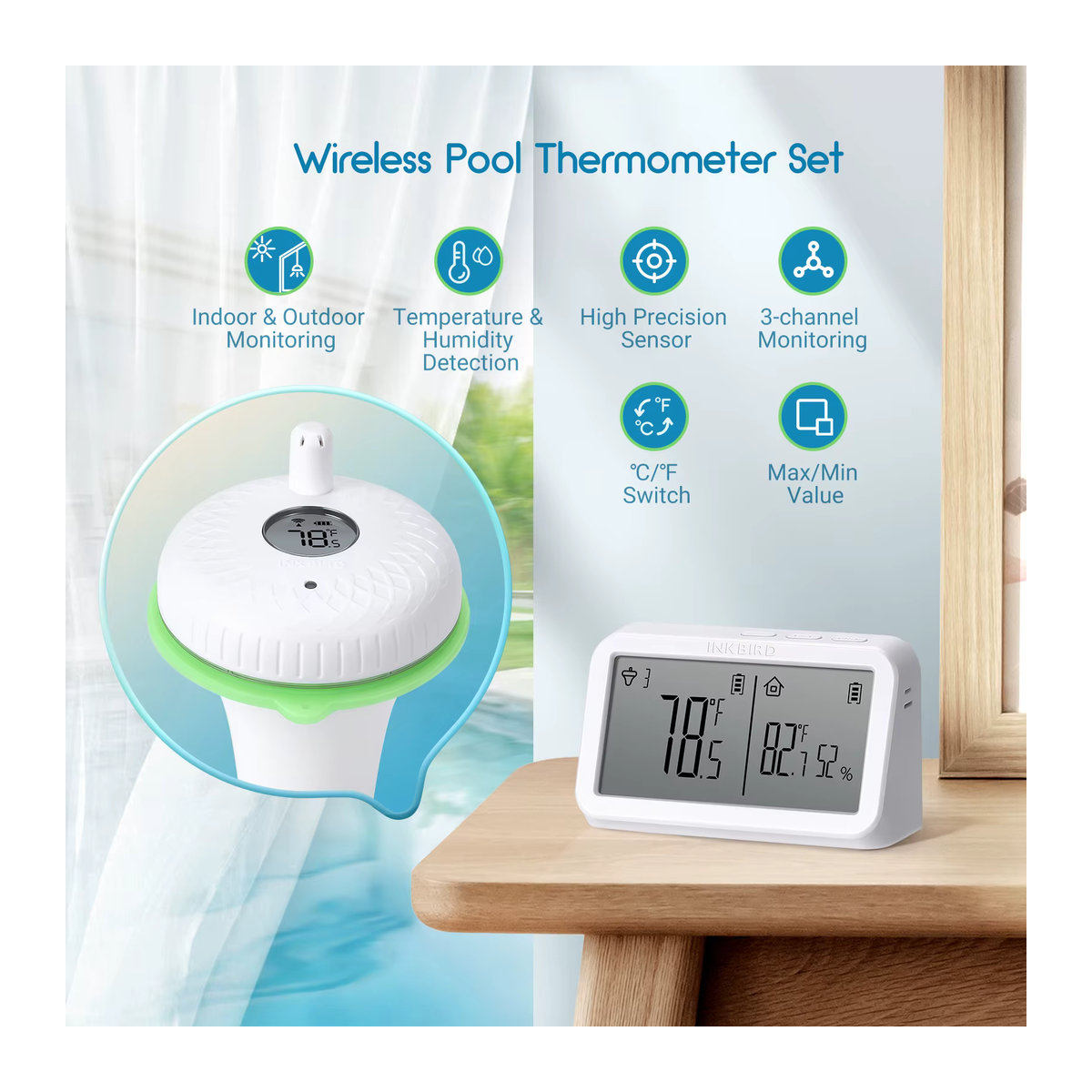 INKBIRD Digitales kabelloses Schwimmbadthermometer für Schwimmbäder und Whirlpools mit 3 Messarten - Bild 2
