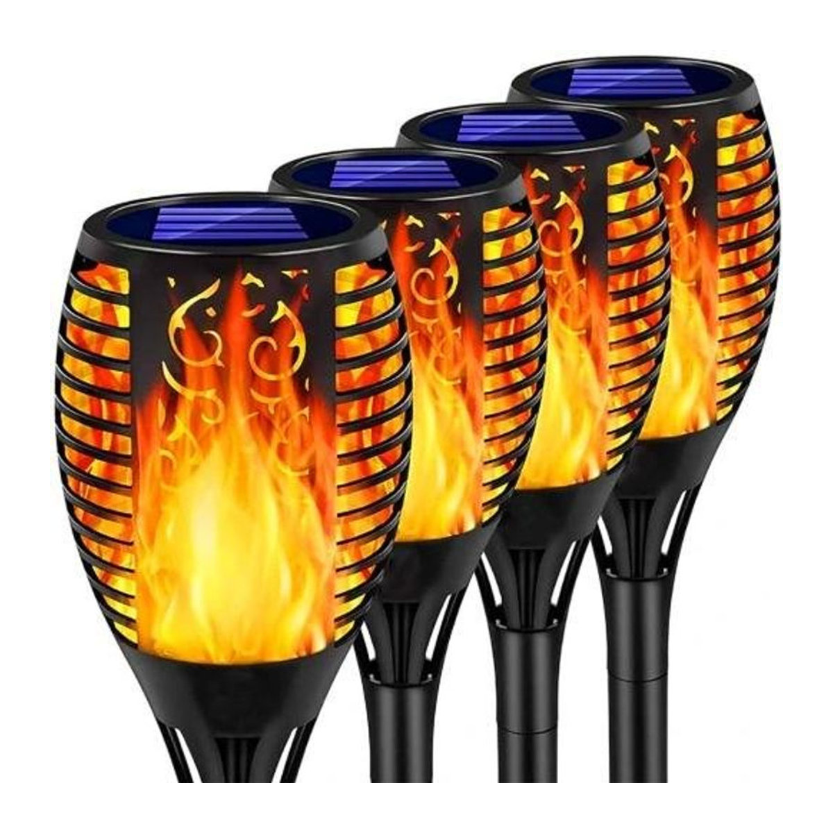 Inna 4er Set Solar-Fackel-Lampen mit LED Flammen-Effekt in Schwarz, Warmweiß, Modern Design - Bild 1