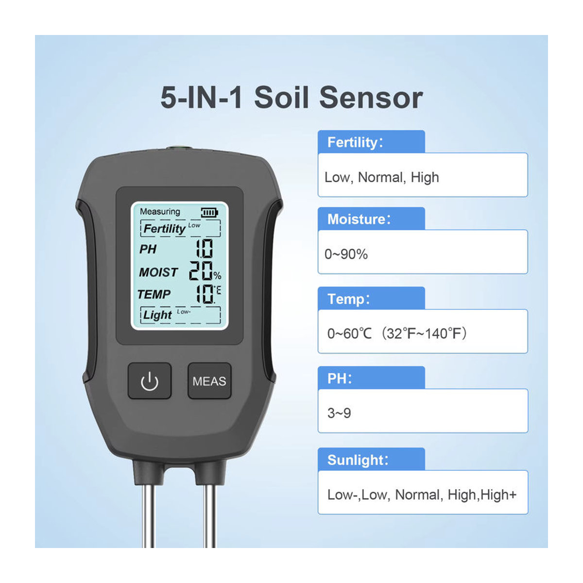 INSOMA 5-in-1 Digitaler LCD-Bodentester für pH-Wert, Feuchtigkeit, Temperatur, Fruchtbarkeit und Sonnenlicht in Schwarz - Bild 3