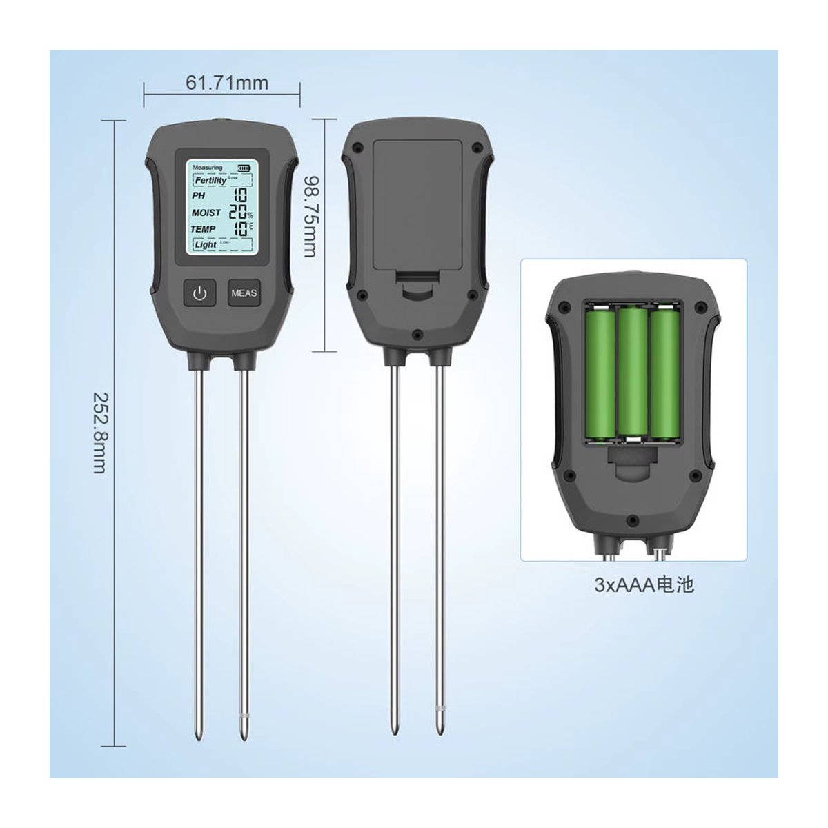 INSOMA 5-in-1 Digitaler LCD-Bodentester für pH-Wert, Feuchtigkeit, Temperatur, Fruchtbarkeit und Sonnenlicht in Schwarz - Bild 4