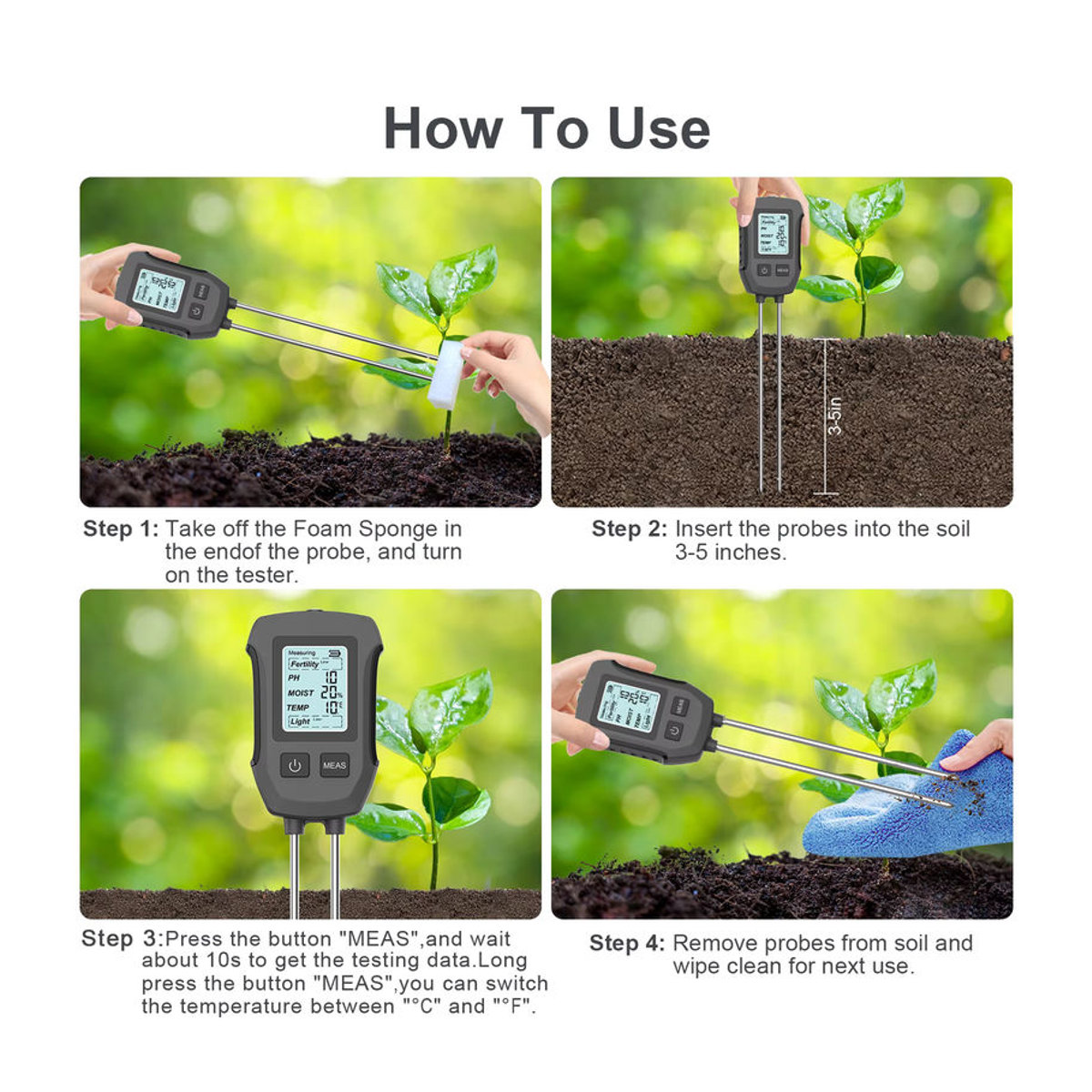 INSOMA 5-in-1 Digitaler LCD-Bodentester für pH-Wert, Feuchtigkeit, Temperatur, Fruchtbarkeit und Sonnenlicht in Schwarz - Bild 5