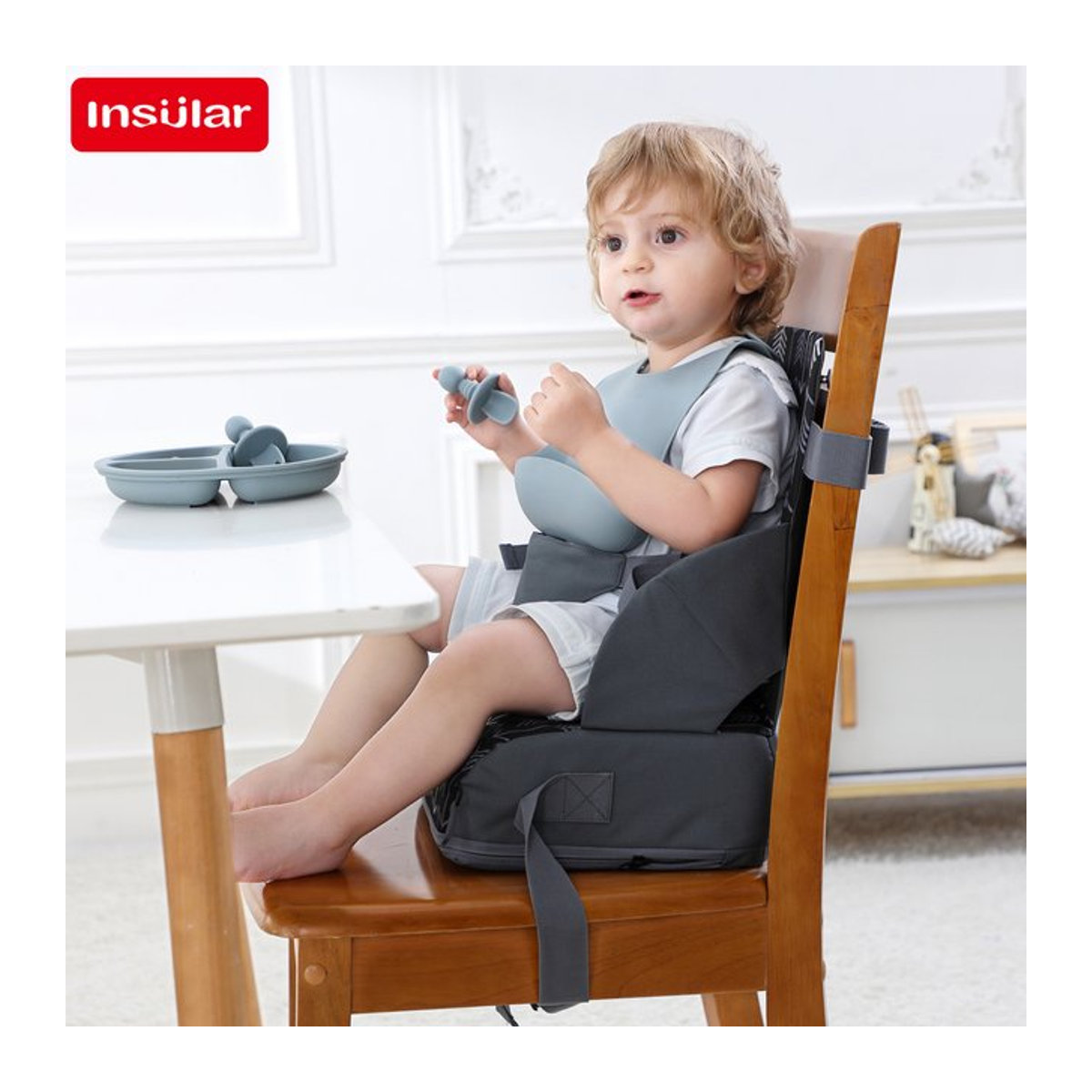 INSULAR Tragbarer und faltbarer Kindersitz in Grau aus Polyester mit rutschfester Oberfläche als Reise-Hochstuhl für Babys - Bild 1