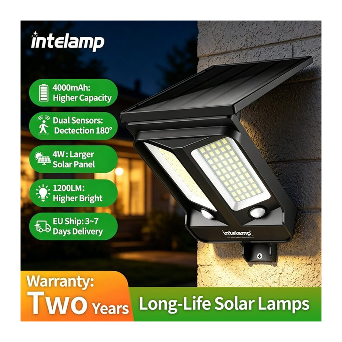intelamp LED Solar-Flutlicht für den Außenbereich in Schwarz mit zwei Sensoren und 4000 mAh Akku - Bild 1