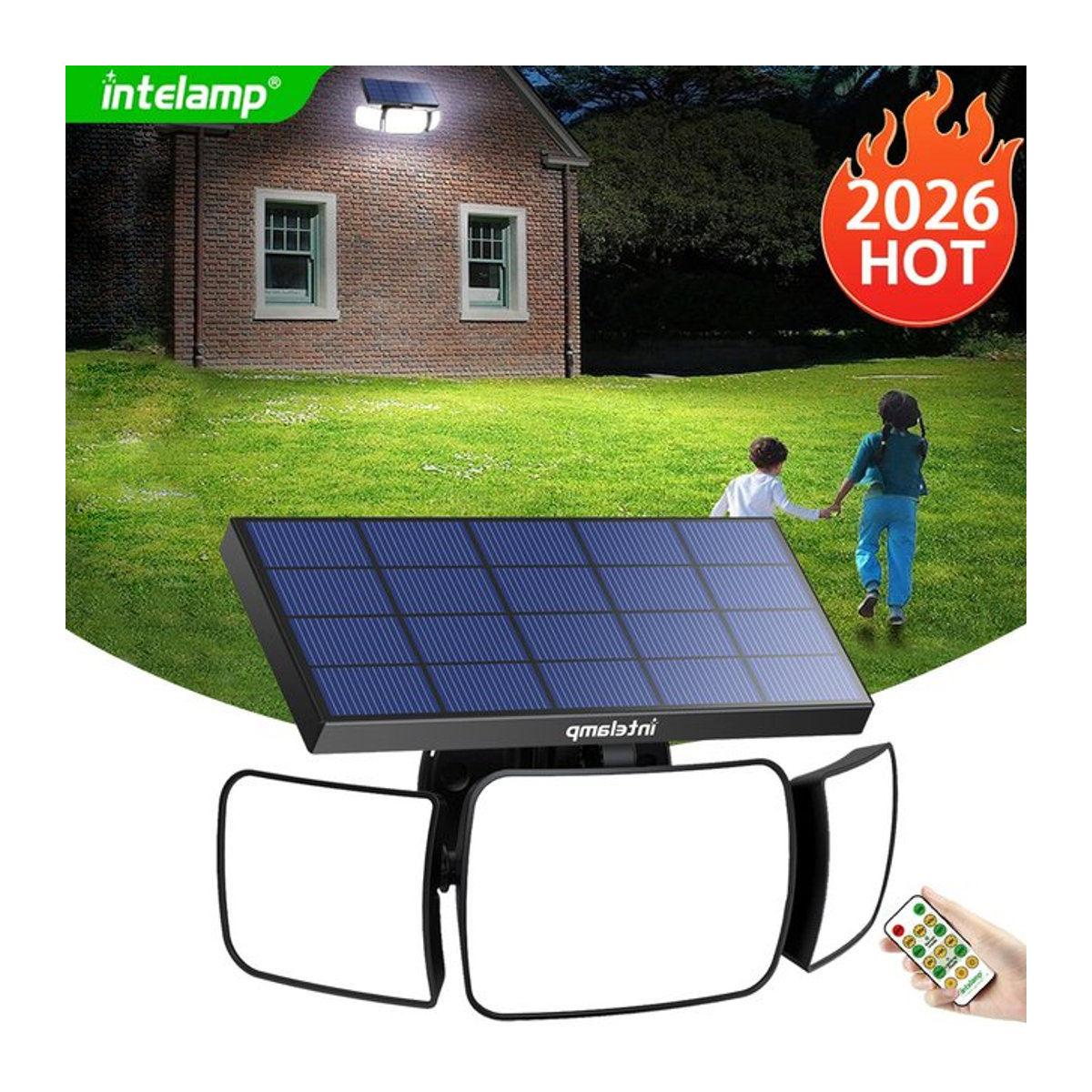 intelamp Solar-Außenstrahler Schwarz mit 6000mAh Akku, 270 Grad Weitwinkel und zwei Sensoren für den Außenbereich mit 3 Modi - Bild 1