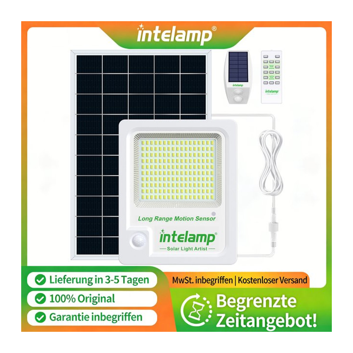 Intelamp Solar-Gartenleuchte mit 170 LEDs und Bewegungssensor, IP65 wasserdichte LED Wandleuchte in Weiß mit 3 Modi für Außenbereich und Garten - Bild 1