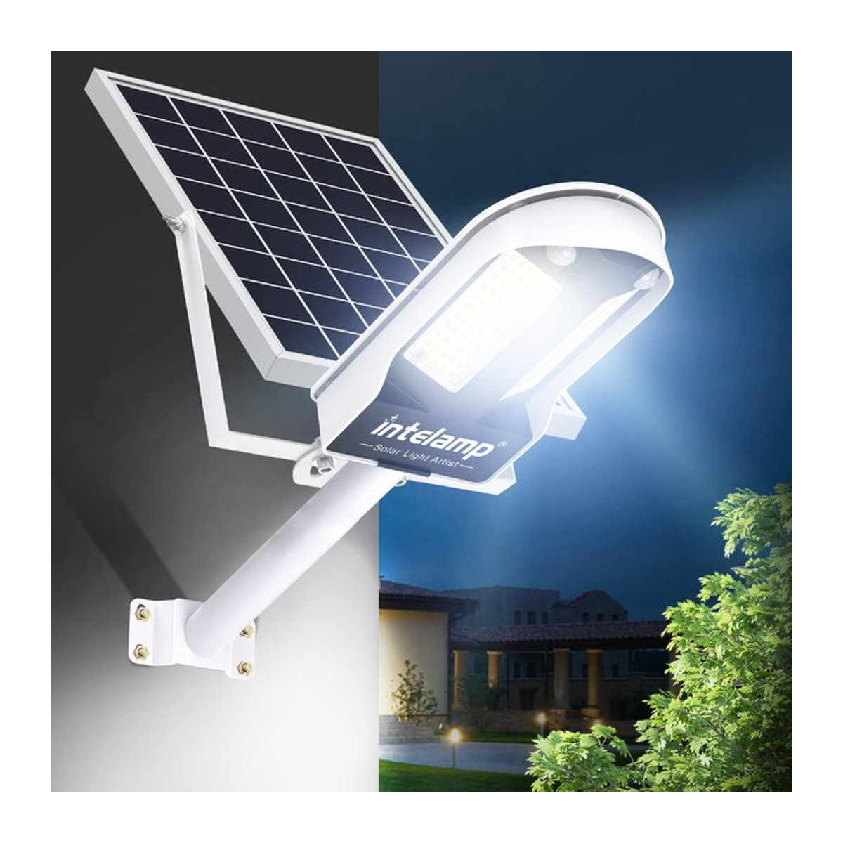 intelamp Solar-Sicherheitsleuchte für den Außenbereich mit 12000 mAh Akku, großem Solarpanel und zwei Sensoren, Weiß - Bild 1