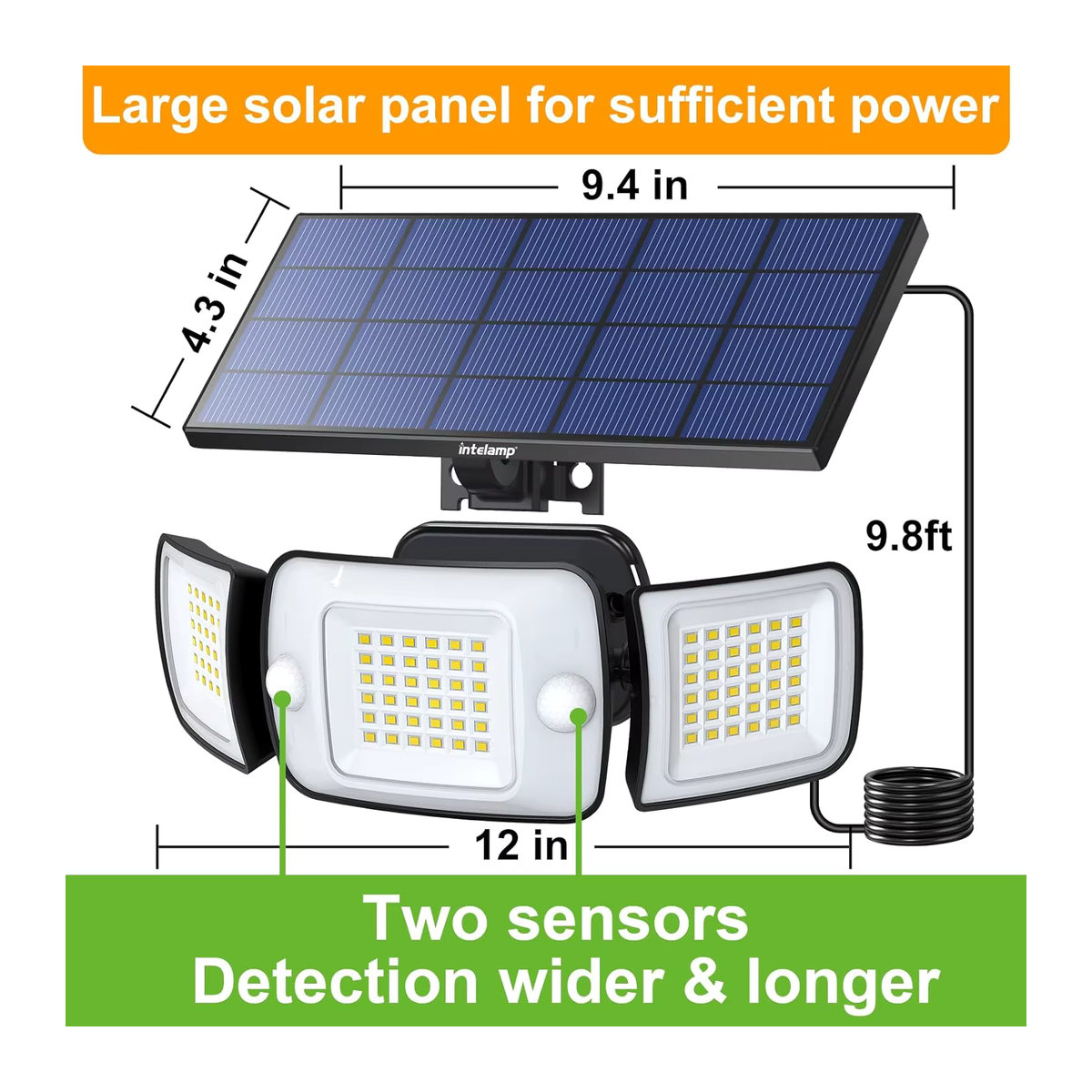 intelamp Solarleuchte für den Außenbereich mit 3 LED-Köpfen und zwei Bewegungssensoren, wasserdicht, 6000 mAh, Schwarz/Weiß - Bild 2