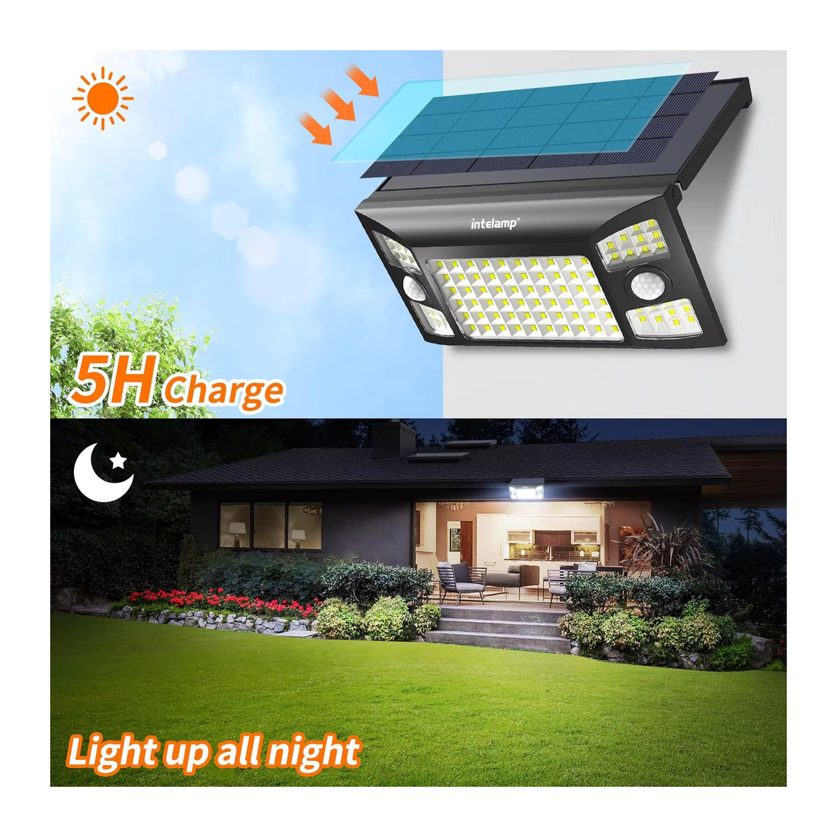 intelamp Solarleuchte Schwarz mit 1300 lm LED, 4000 mAh und zwei Sensoren für den Außenbereich - Bild 2