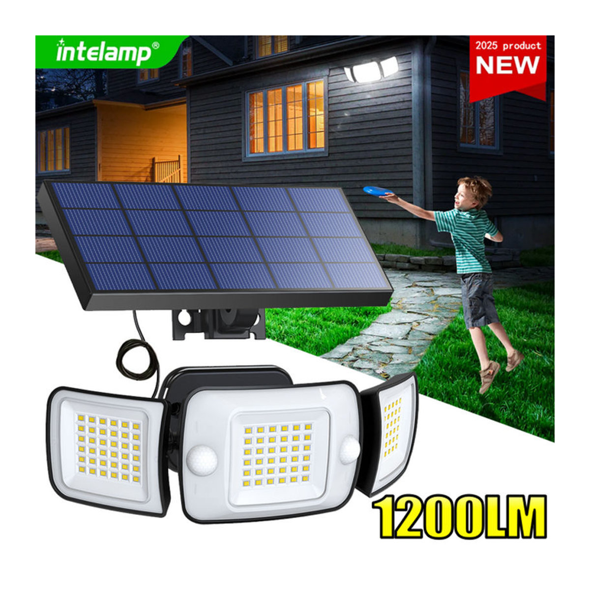 Intelamp Superhelle LED-Solarleuchte für Außenbereich mit Bewegungssensor, 1200LM, Schwarz - Bild 1