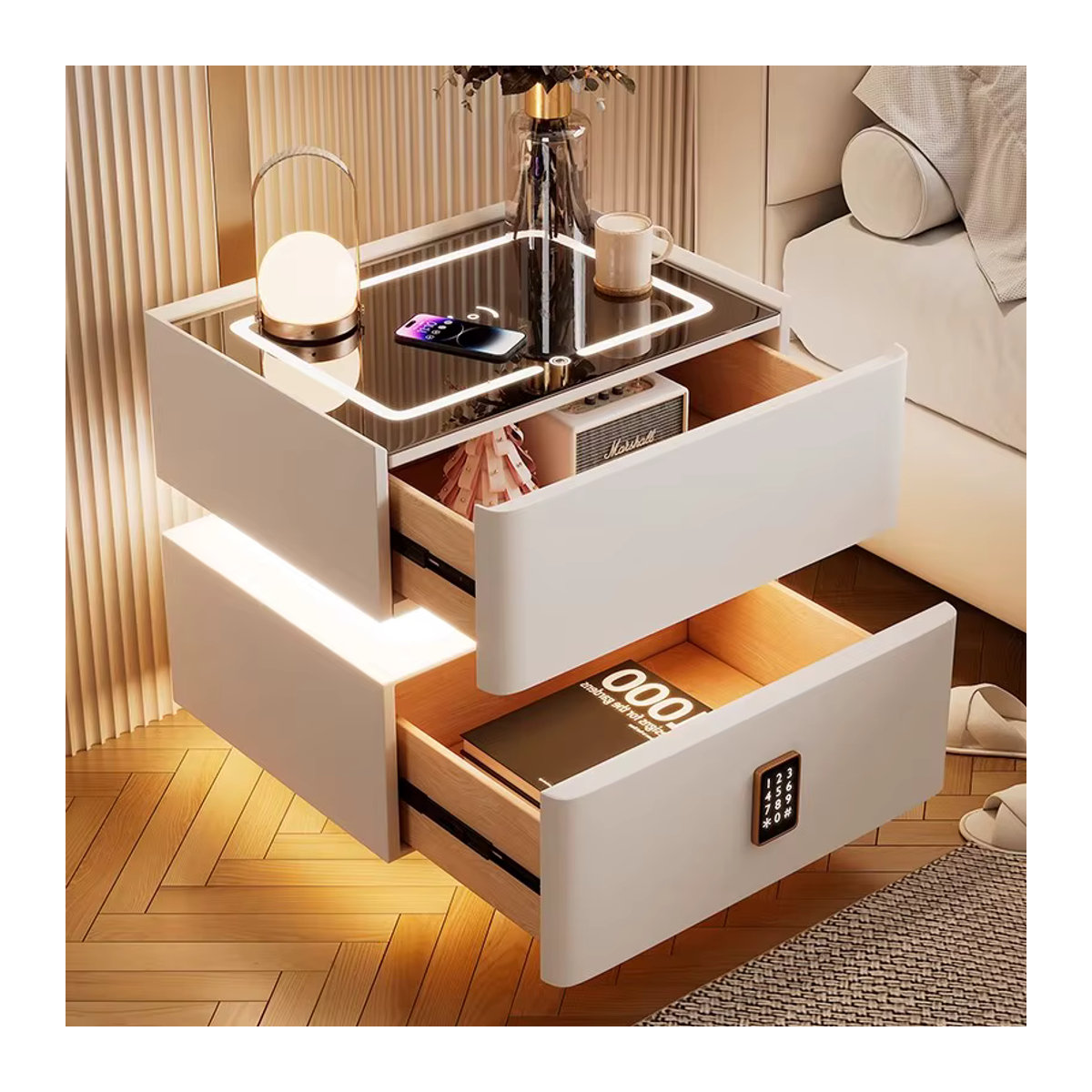 Intelligenter Nachttisch aus Massivholz mit Sensorlicht und abschließbarem Aufbewahrungsschrank, Modern, Schwarz oder Weiß, B: 40 cm, T: 40 cm, H: 40 cm - Bild 2