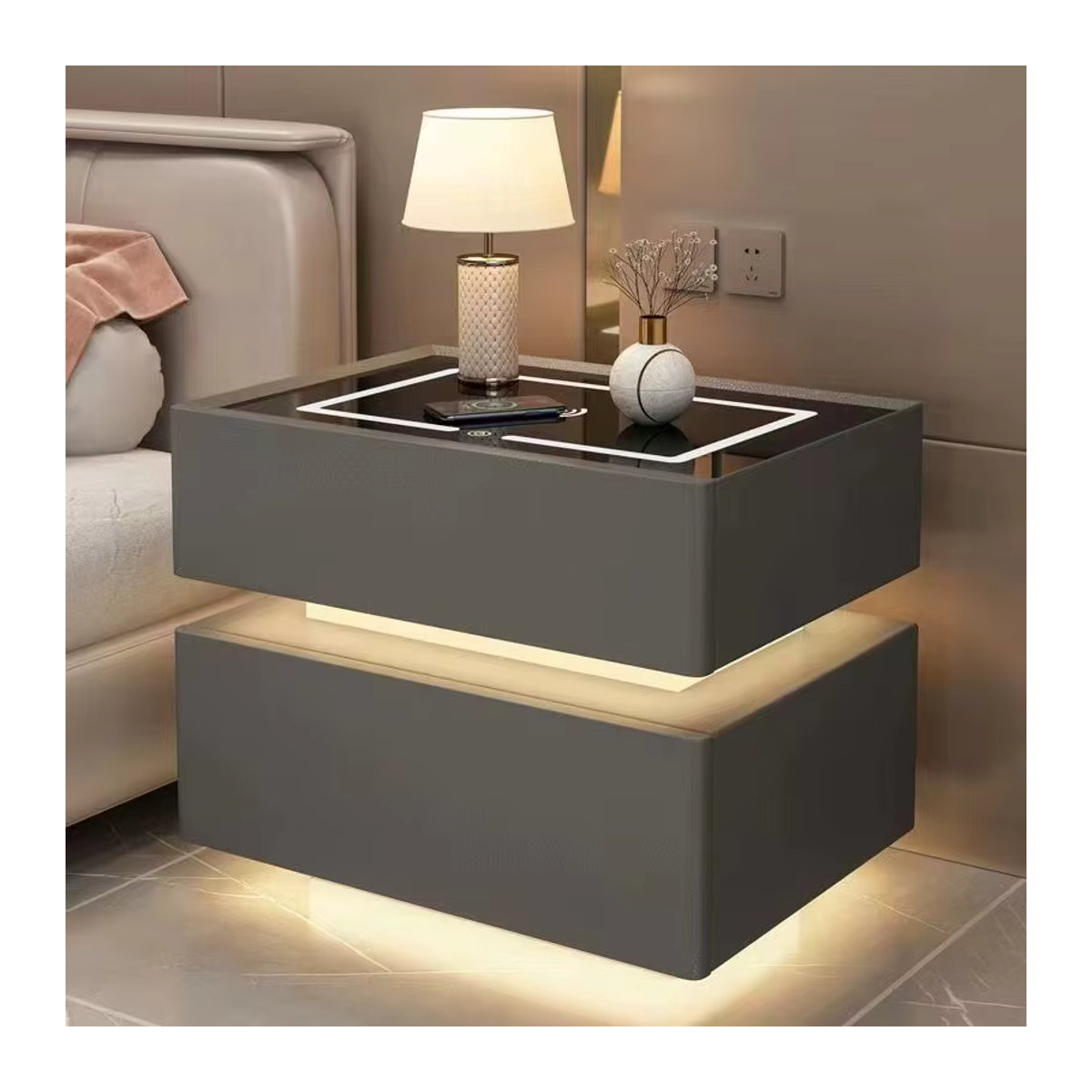Intelligenter Nachttisch aus Massivholz mit Sensorlicht und abschließbarem Aufbewahrungsschrank, Modern, Schwarz oder Weiß, B: 40 cm, T: 40 cm, H: 40 cm - Bild 4