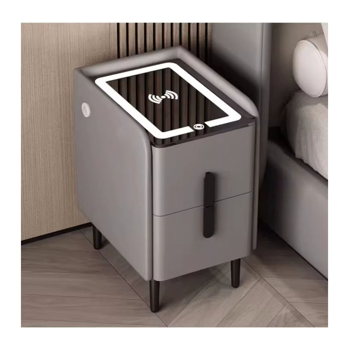 Intelligenter Nachttisch im skandinavischen Design aus Massivholz mit kabelloser Aufladung und 2 Schubladen, Farbe: Weiß/Grau, Höhe: 25 cm - Bild 1