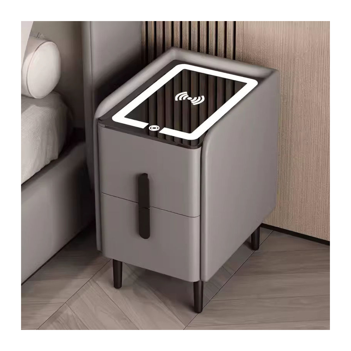 Intelligenter Nachttisch im skandinavischen Design aus Massivholz mit kabelloser Aufladung und 2 Schubladen, Farbe: Weiß/Grau, Höhe: 25 cm - Bild 2