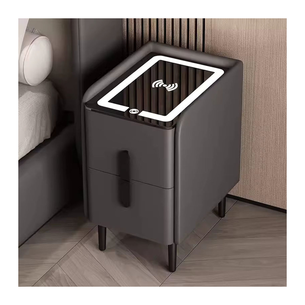 Intelligenter Nachttisch im skandinavischen Design aus Massivholz mit kabelloser Aufladung und 2 Schubladen, Farbe: Weiß/Grau, Höhe: 25 cm - Bild 3