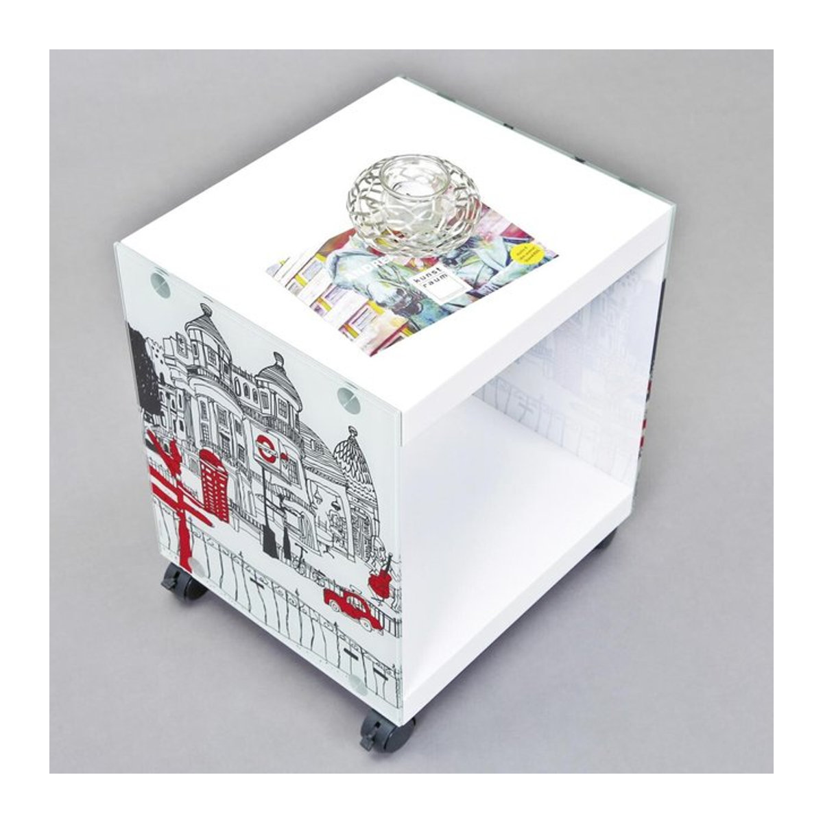 Inter Link Beistelltisch Nachttisch Cube London-Design in Weiß und Bunt aus Holzwerkstoff und Glas B/H/T: 38 x 46 x 33,5 cm - Bild 1