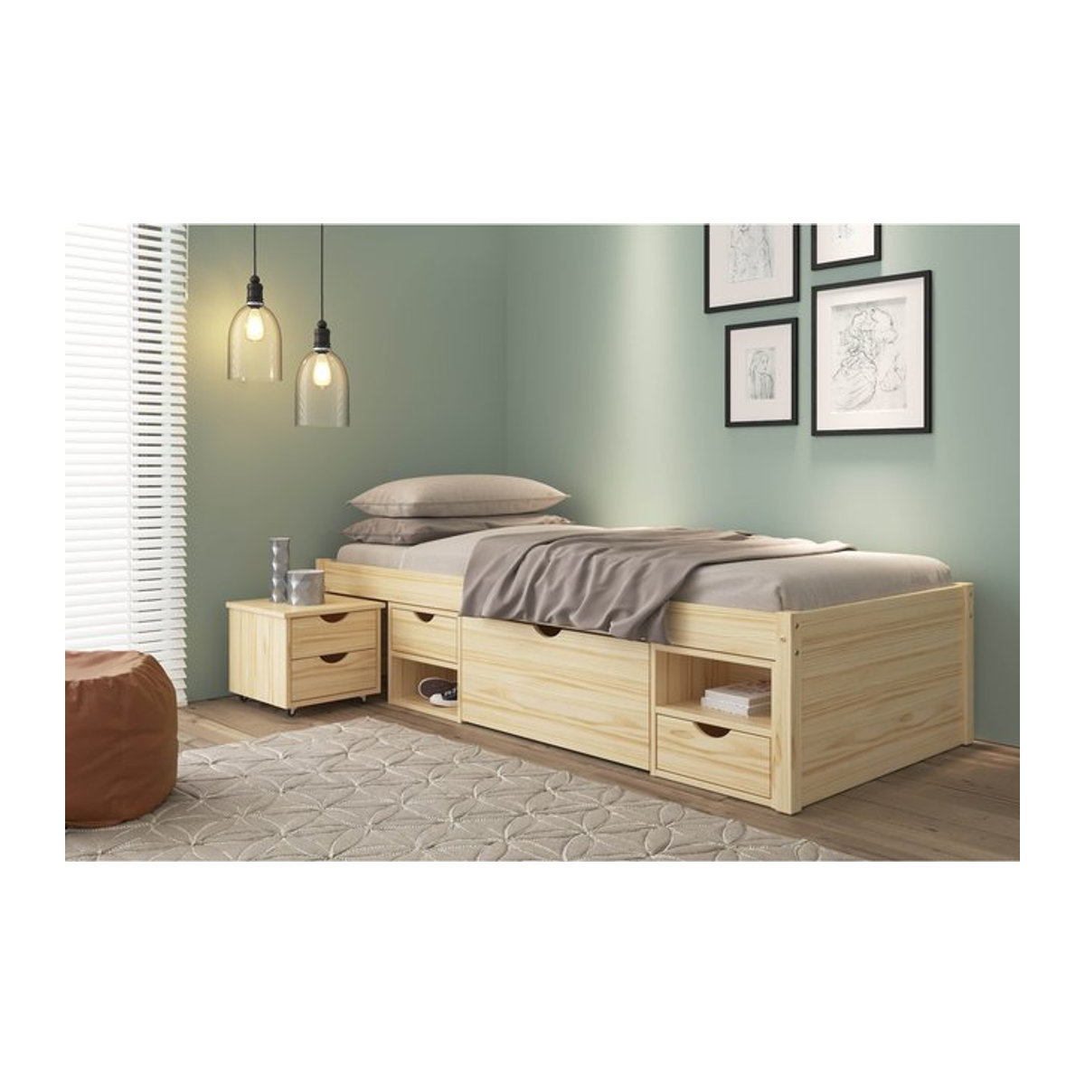Inter Link Funktionsbett Till mit Stauraum, Nachtkommode und Lattenrost in Natur, B/T: 90 x 200 cm - Bild 1