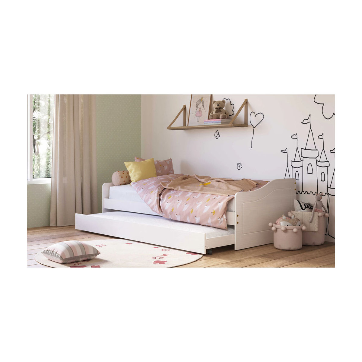 Inter Link Kinderbett Leonie Funktionsbett aus Kiefer Massivholz mit Ausziehbett, Weiß, B/T/H: 90 x 190 x 62 cm - Bild 2