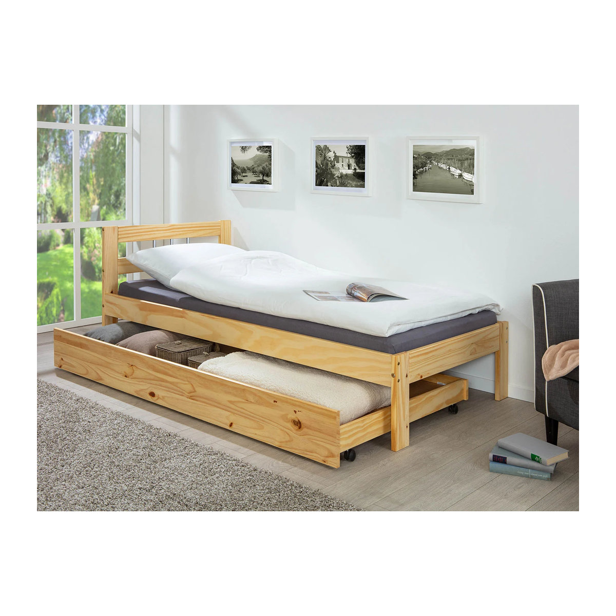 Inter Link Massivholzbett Jana aus Kiefer in Natur Braun, B/T/H: 90 x 200 x 15,5 cm - Bild 2