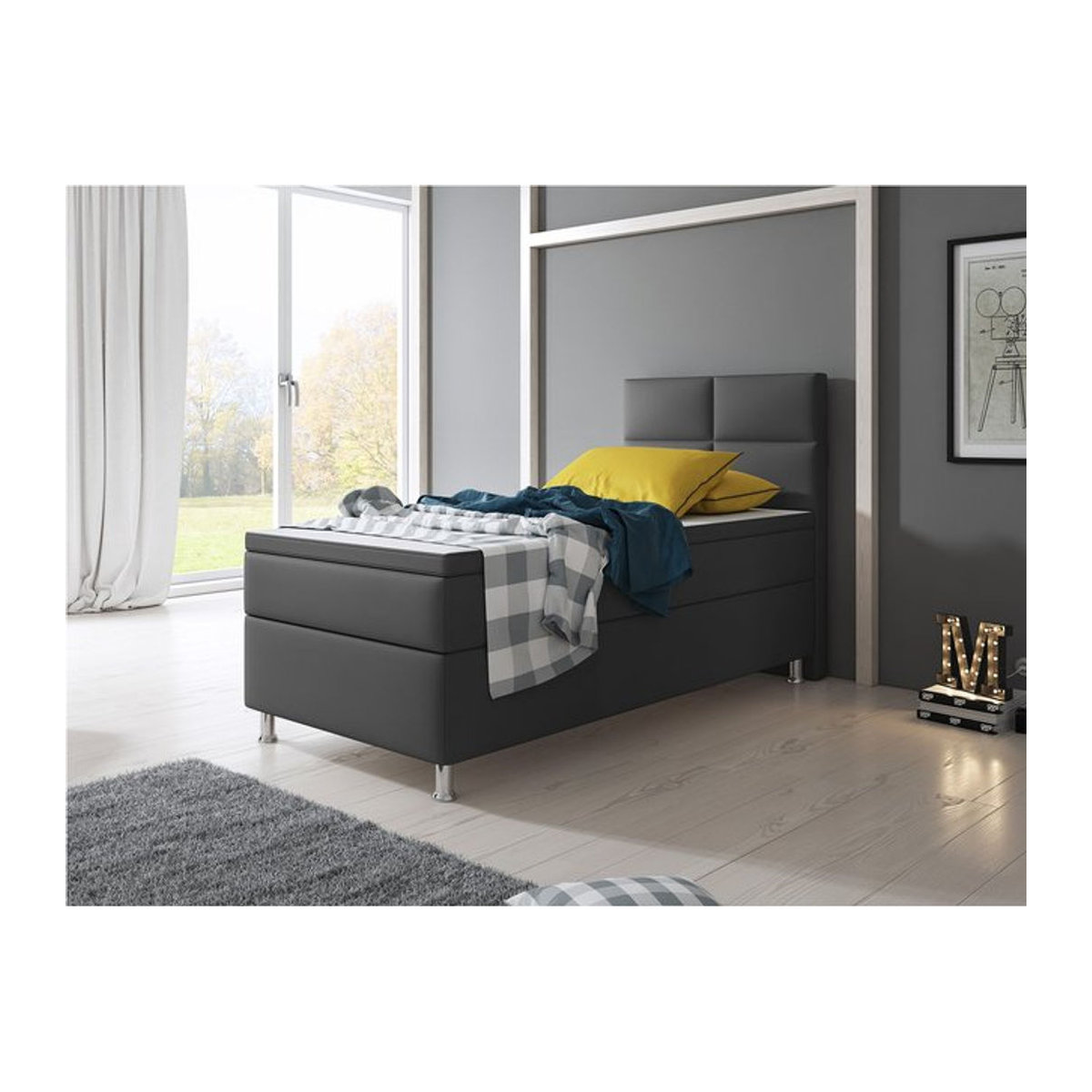 Inter Trading Boxspringbett Miami in Anthrazit mit Holzgestell, B/T/H: 90 x 200 cm - Bild 1