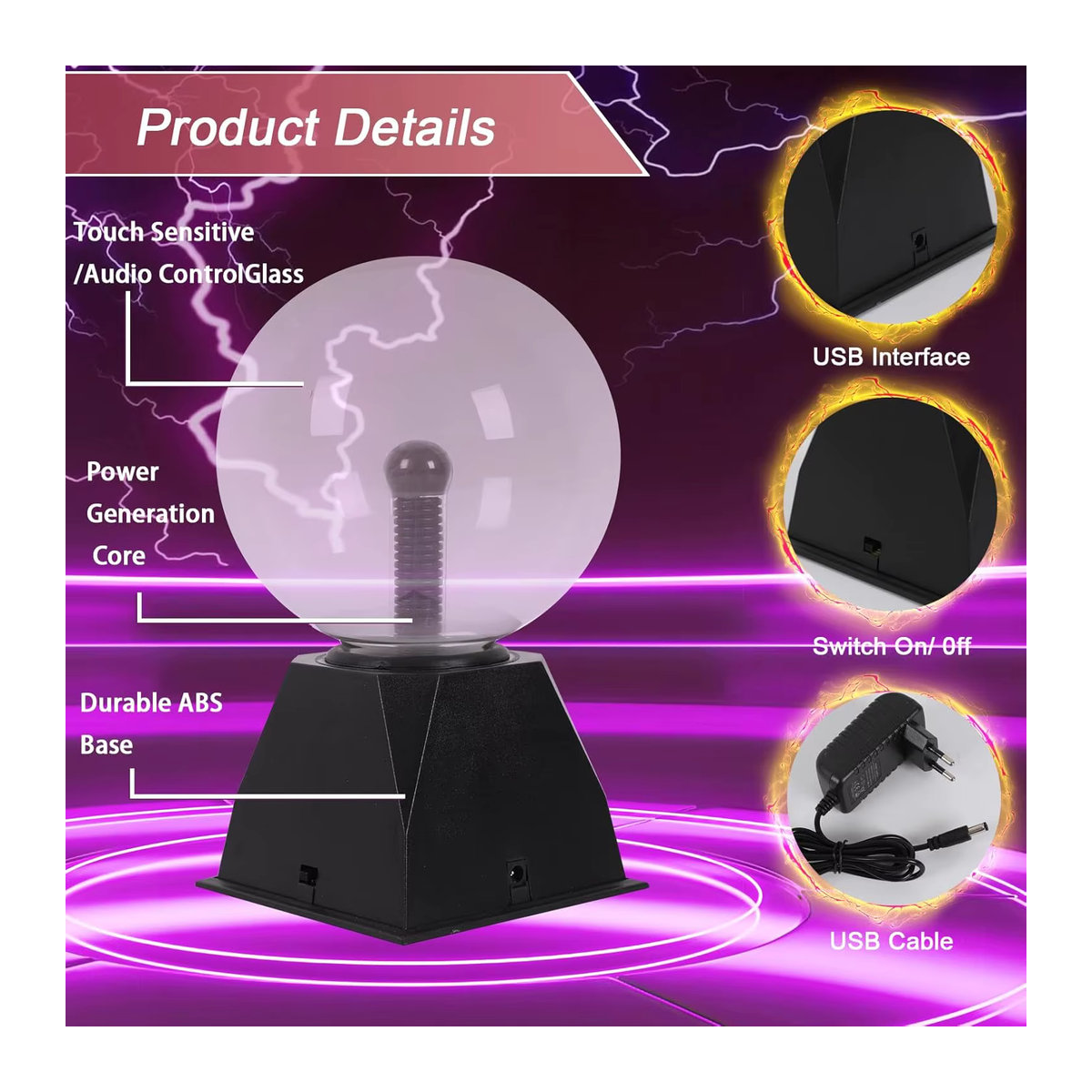 Interaktive LED-Plasmakugel Kugelleuchte in Schwarz mit USB-Betrieb, Durchmesser: 15,2 cm - Bild 3