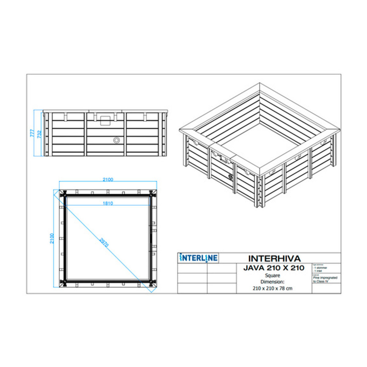 Interline Schwimmbecken Java Rechteck aus Holz in Blau und Natur mit Filteranlage 4,0m3 Basis Set B/T/H: 210 x 210 x 78 cm - Bild 2