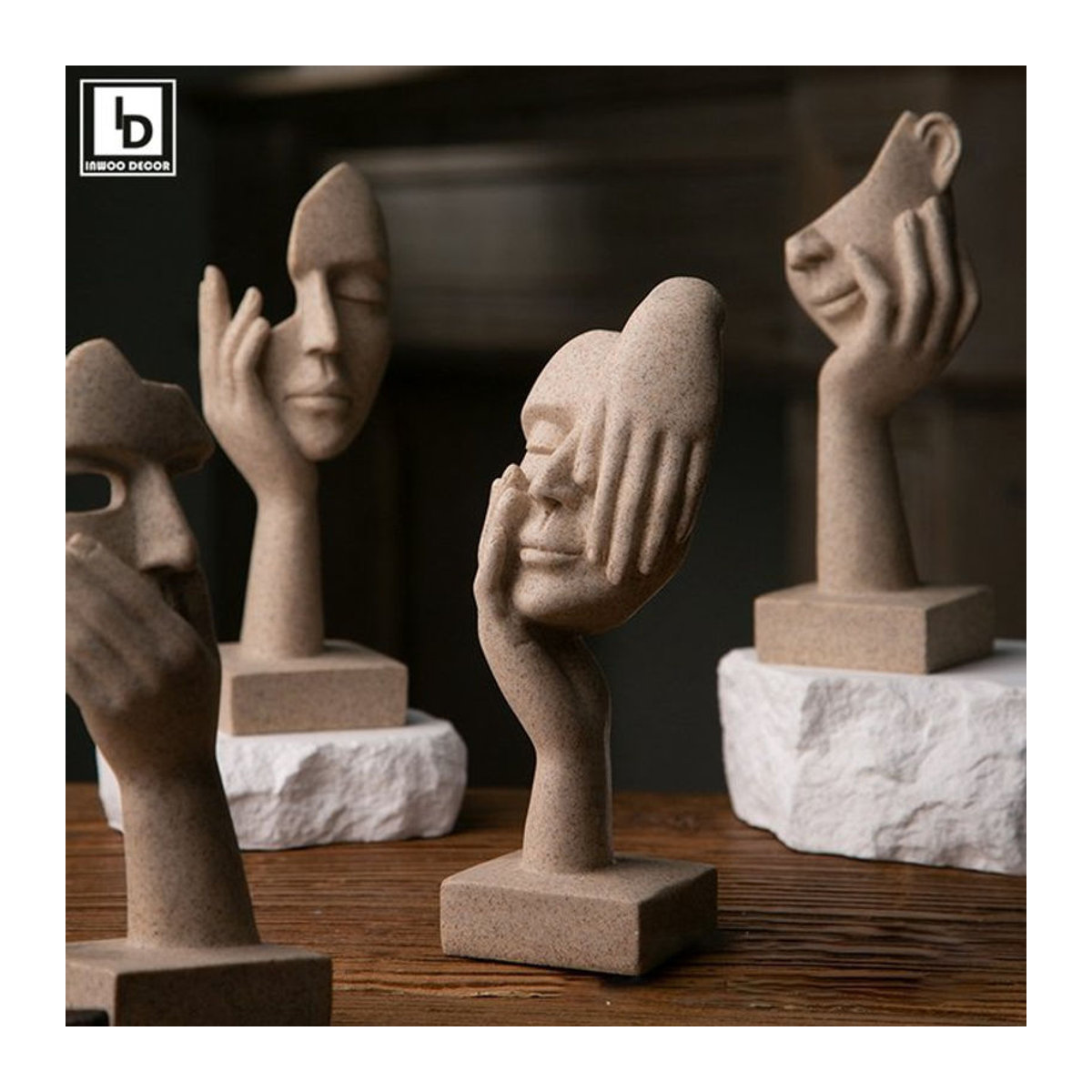 INWOO DECOR Skandinavische Dekofigur Der Denker Abstrakte Gesicht Skulptur aus Keramik in Beige - Bild 1