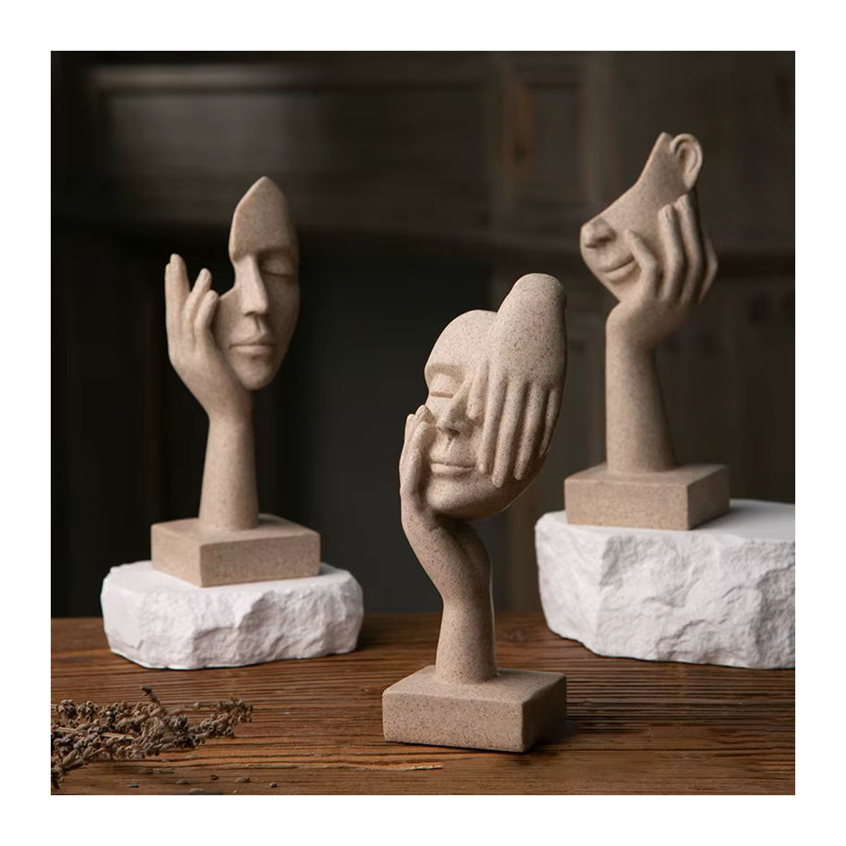 INWOO DECOR Skandinavische Dekofigur Der Denker Abstrakte Gesicht Skulptur aus Keramik in Beige - Bild 2
