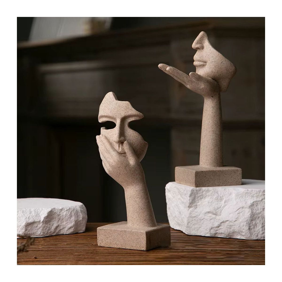 INWOO DECOR Skandinavische Dekofigur Der Denker Abstrakte Gesicht Skulptur aus Keramik in Beige - Bild 4