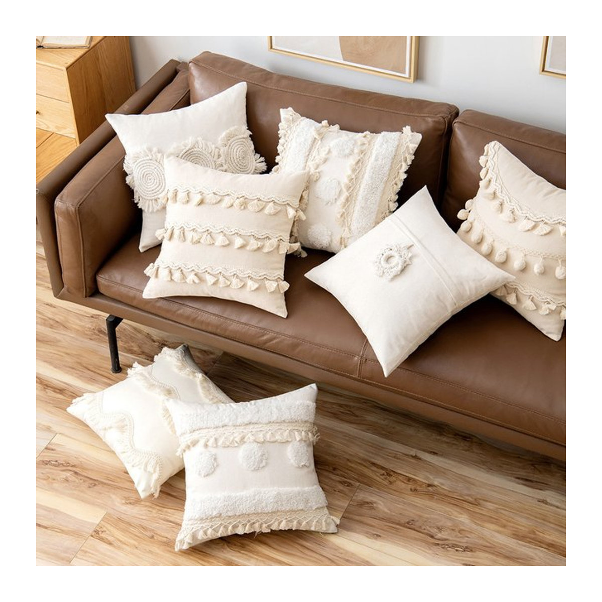 Inyahome Boho Kissenbezug aus Leinen mit Quasten in Elfenbein Weiß B/H: 30 x 50 cm und 45 x 45 cm - Bild 1