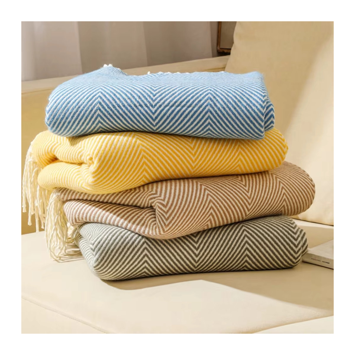 Inyahome Faux Kaschmir Decke mit Fischgrätenmuster und Fransen in Beige oder Blau, weich und wärmend für dein Bett oder Sofa - Bild 5