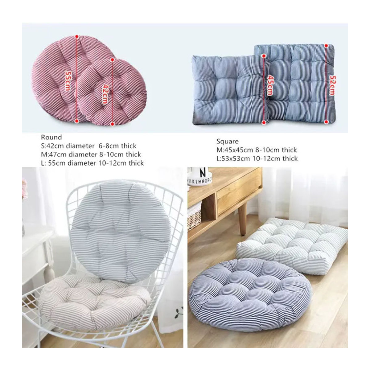 Inyahome Gestreiftes Bodenkissen in Beige als quadratische oder runde Stuhlauflage für Innen und Außen sowie für Hängesessel und Fensterbänke - Bild 3