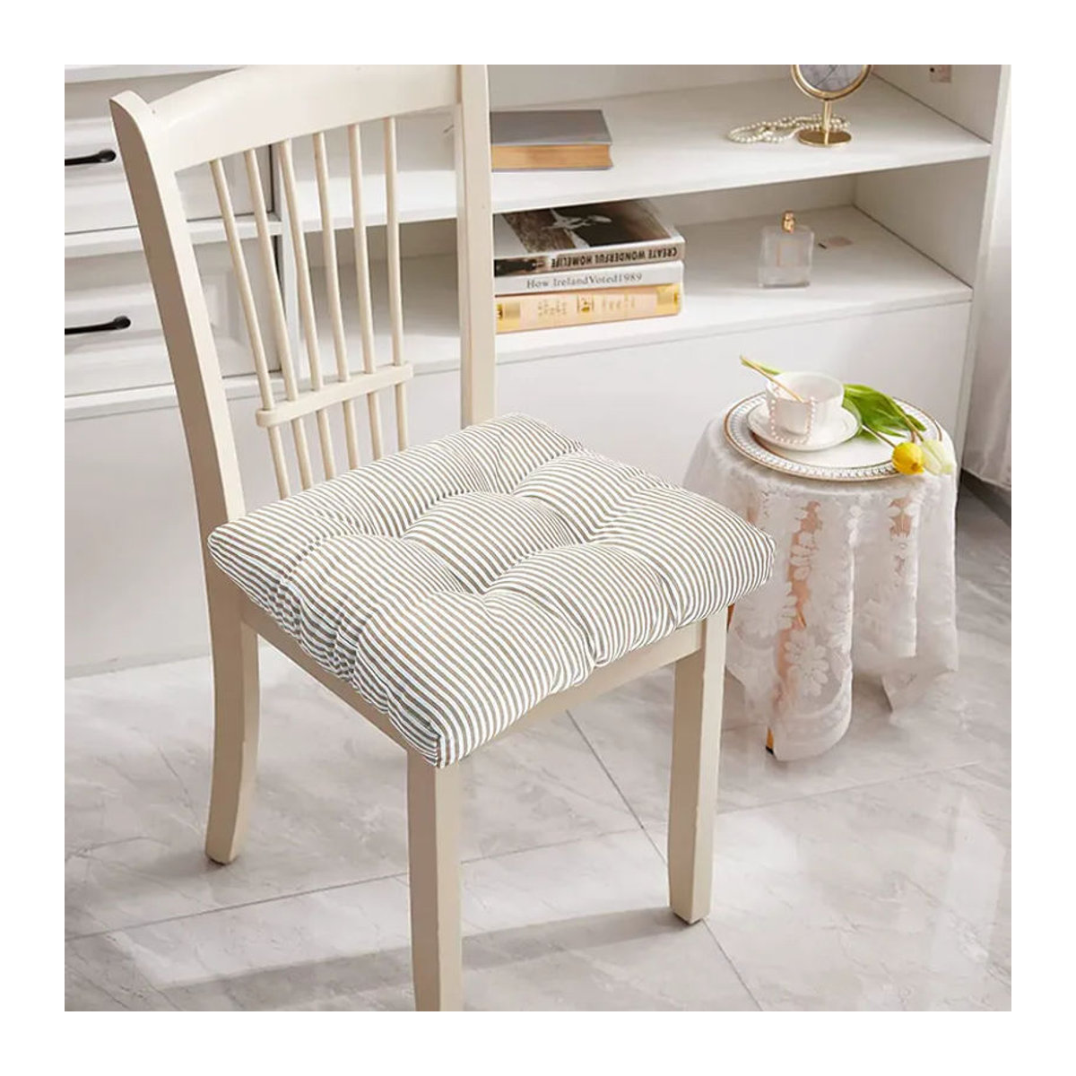 Inyahome Gestreiftes Bodenkissen in Beige als quadratische oder runde Stuhlauflage für Innen und Außen sowie für Hängesessel und Fensterbänke - Bild 5