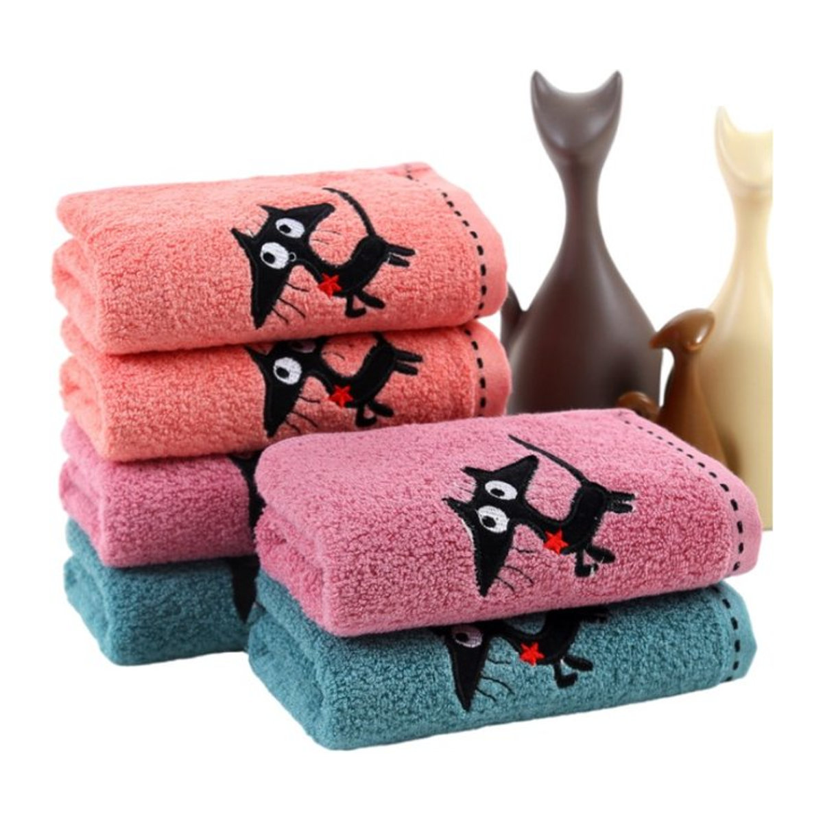 Inyahome Kinder Bambus Handtuch Set mit Katzen-Stickerei, mehrfarbig, B: 34 cm x L: 76 cm - Bild 1
