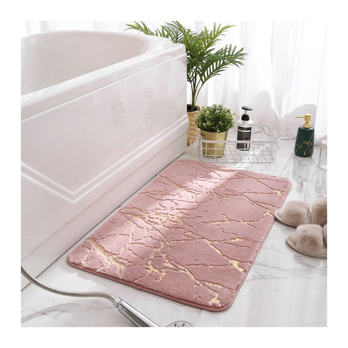 Inyahome Rutschfeste Badezimmermatte aus Kunstfell in Rosa oder Schwarz, Rechteckig - Bild 1
