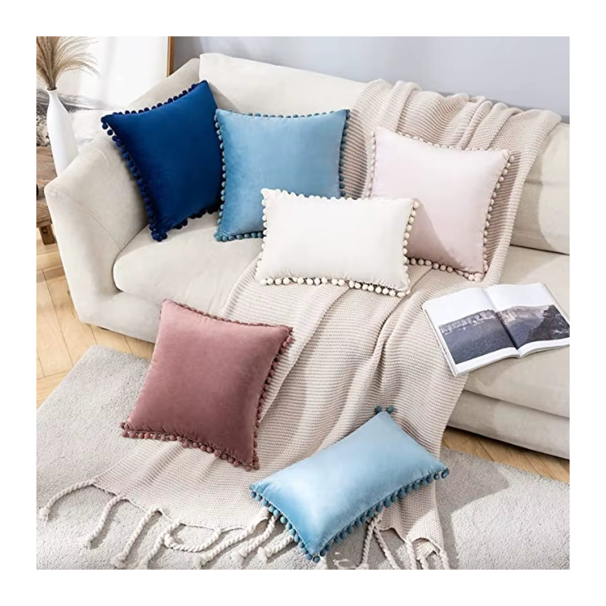 Inyahome Samt-Kissenbezug mit Pompons und Kanten in Weiß oder Lila für Sofa und Couch - Bild 2