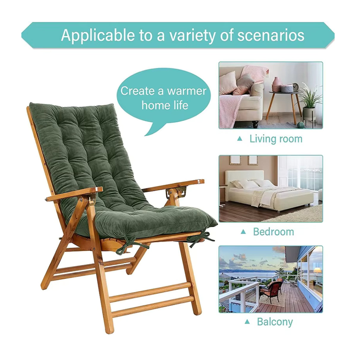 Inyahome Schaukel-Terrassen-Lounge-Stuhlkissen aus Samt mit Befestigungsbändern, getuftetes Sitz- und Rückenkissen für Innen und Außen, Grau oder Grün - Bild 2