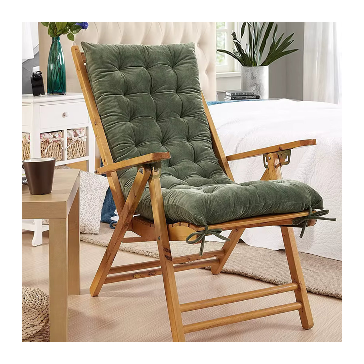Inyahome Schaukel-Terrassen-Lounge-Stuhlkissen aus Samt mit Befestigungsbändern, getuftetes Sitz- und Rückenkissen für Innen und Außen, Grau oder Grün - Bild 5