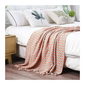 Inyahome Strickdecke Vintage Kariert mit Quasten in Rosa, Creme, Weiß und Orange, weiche Tagesdecke für Sofa und Bett