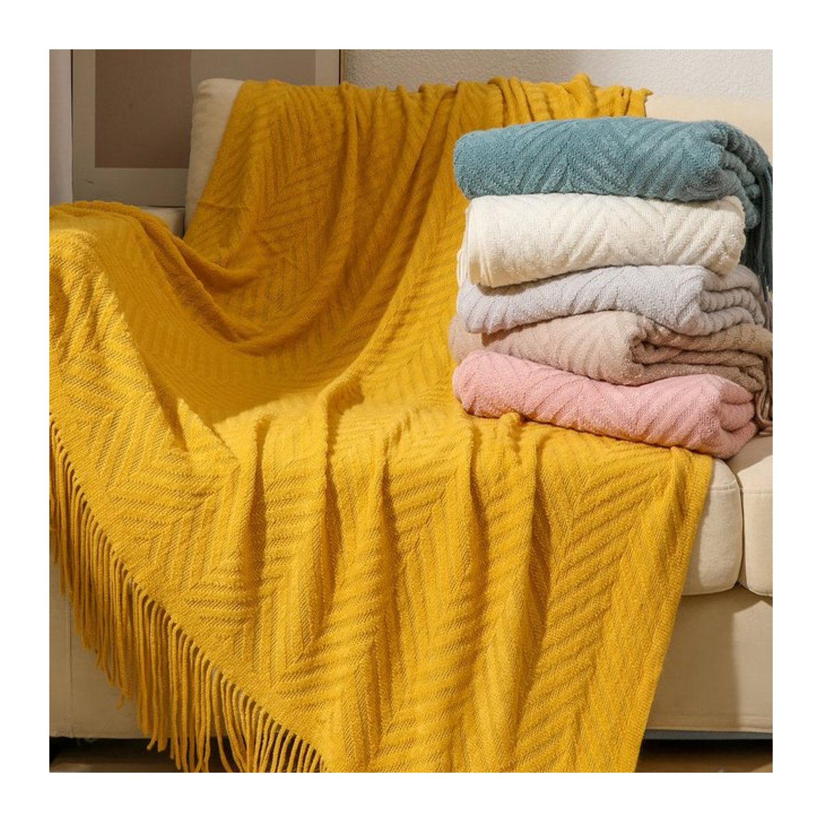 Inyahome Strukturierte Strickdecke in Gelb und Beige, weich und warm für Sofa oder Bett - Bild 1