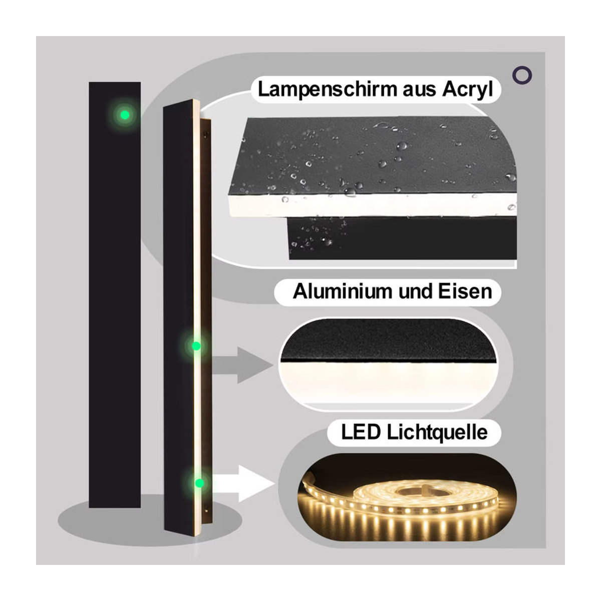 IRALAN LED Wandleuchte Modern Minimalistisch Schwarz IP65 Wasserdicht aus Acryl - Bild 6