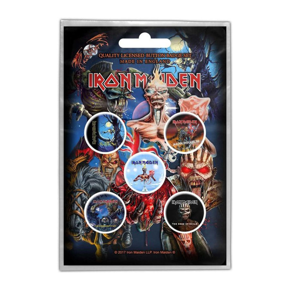 Iron Maiden Abzeichen-Set mit 5 runden Album-Badges in Schwarz und Mehrfarbig aus Metall und Kunststoff - Bild 1